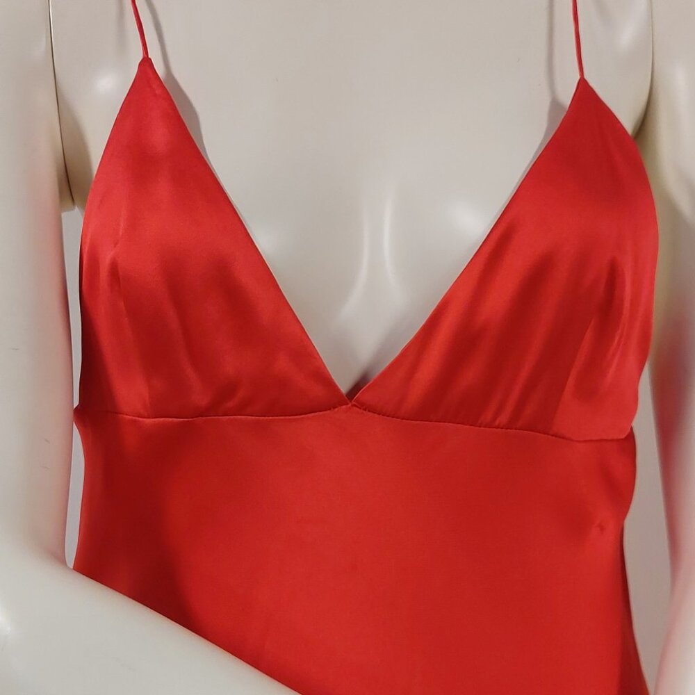 ZARA True Red, 100% Silk, Thin-Strappy, Fit-n-Flare, Maxi Slip Dress; Size: S - Picture 4 of 7